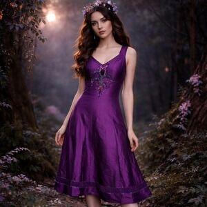 NWT Dupioni Silk Purple Dress Sz S Beaded  Whimsygoth Victorian‎ Glam Edwardian